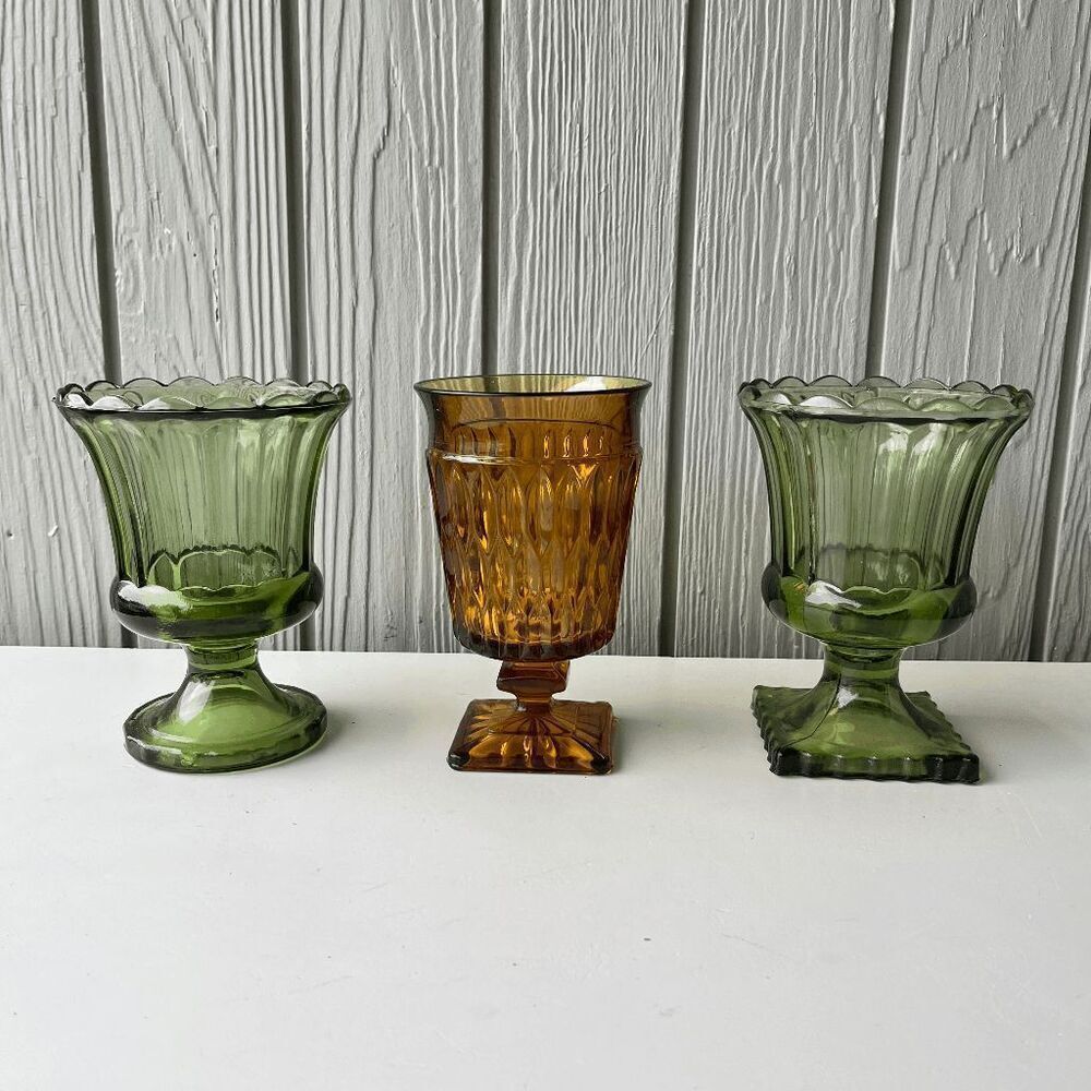 VTG Indiana Glass Avocado Green Pedestal Vases + Amber Mount Vernon Set